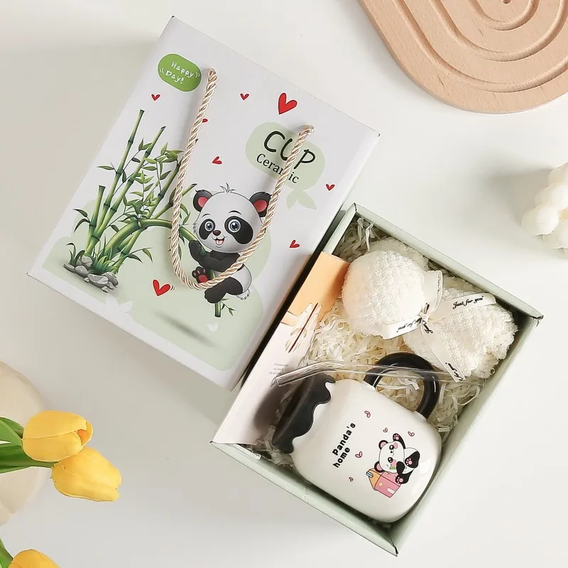 Taza de cerámica de panda de dibujos animados con tapa y cuchara, tazas de café, leche, té, taza de desayuno, vasos, regalos novedosos