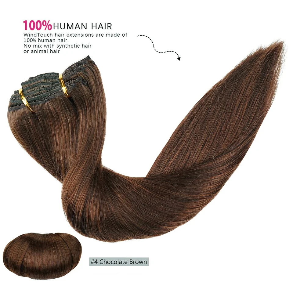 Extensiones con Broche Marrón Chocolate, Cabello Liso Suave, Extensiones de Cabello Humano Real, 8 Piezas con Broches, 120G por Paquete 5