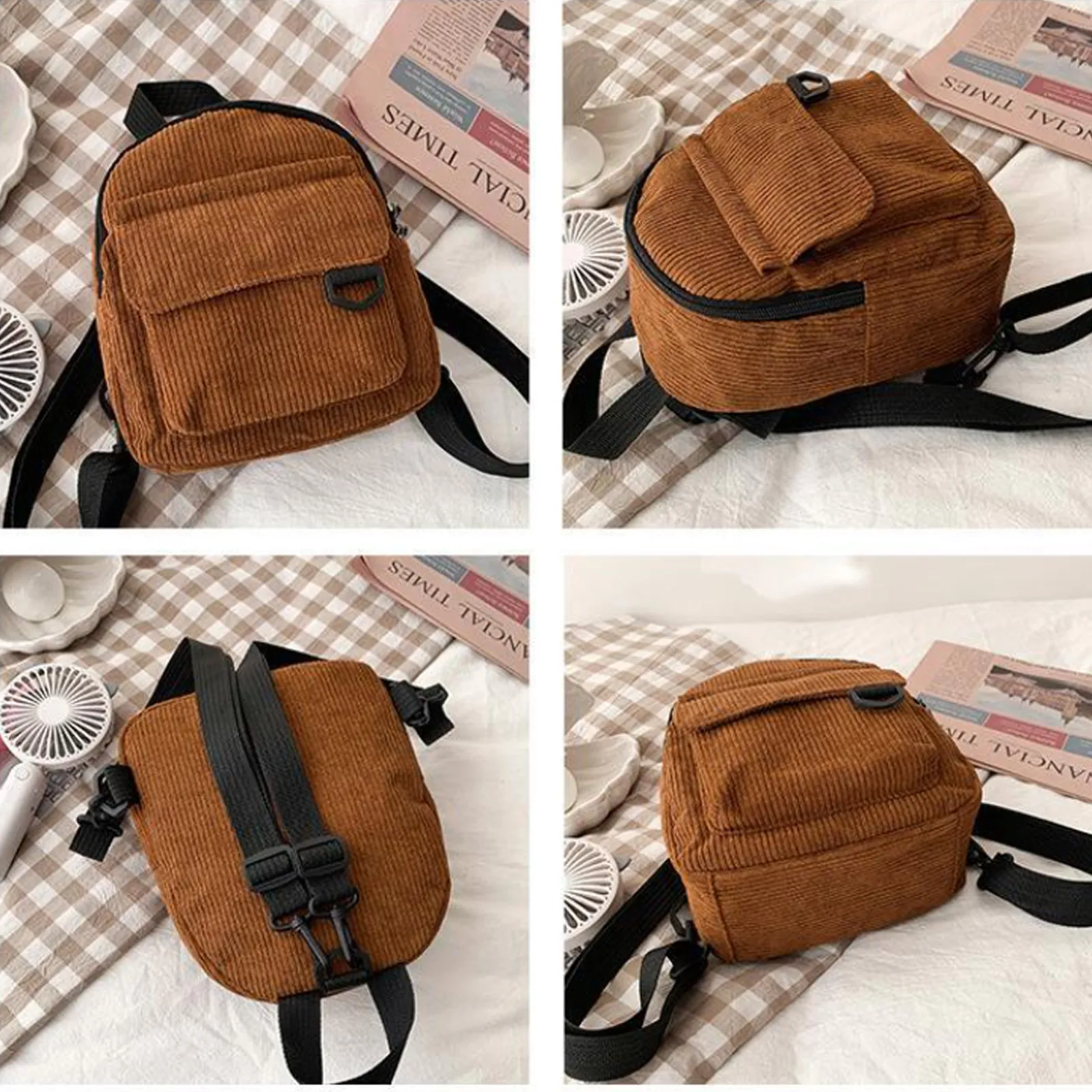 กระเป๋านักเรียนผ้าลูกฟูกสำหรับผู้หญิง, กระเป๋าแฟชั่น tas ransel MINI สีทึบขนาดเล็กเรียบง่ายใส่สบาย