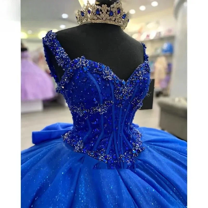 Angelsbridep Cekinowe koraliki Kryształowe suknie Quinceanera w kolorze królewskiego błękitu Suknia balowa Pasek Kokarda Gorset Vestidos De 15 Años Dostosowane