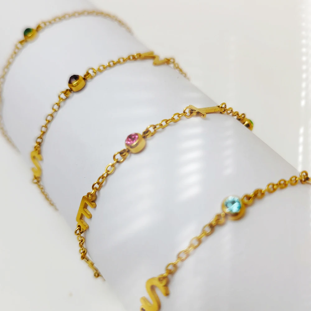 eManco Personalized Birthstone Name Custom Bracelet Stainless Steel Chain Monogrammed 12 Color Charm Bracelet