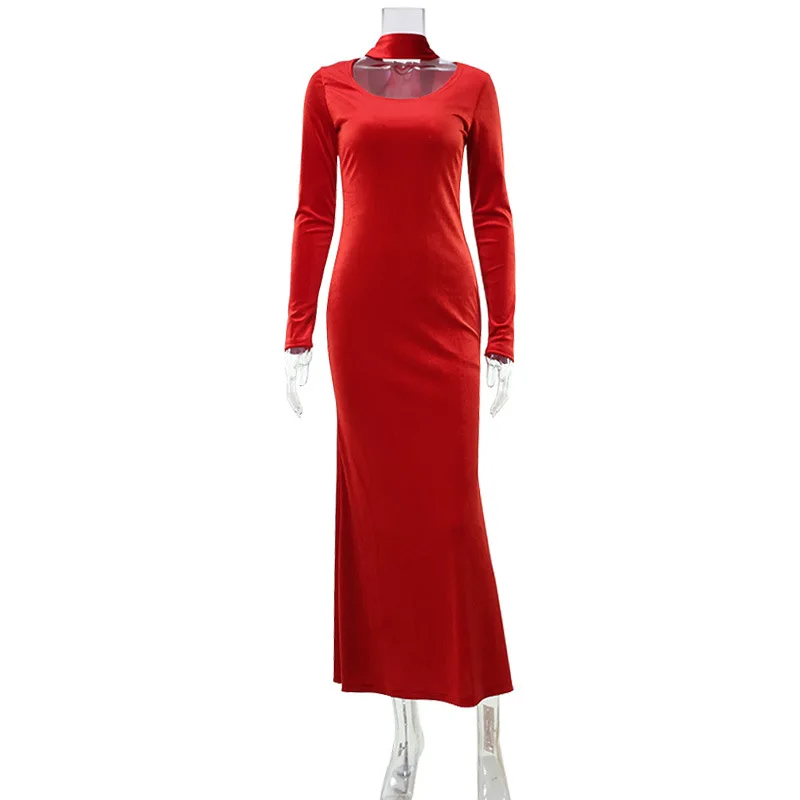Women Red Velvet Bodycon Maxi Party Dress with Scarf Elegant O Neck Full Sleeve Slim Evening Gown Birthday Long Robe Vestidos