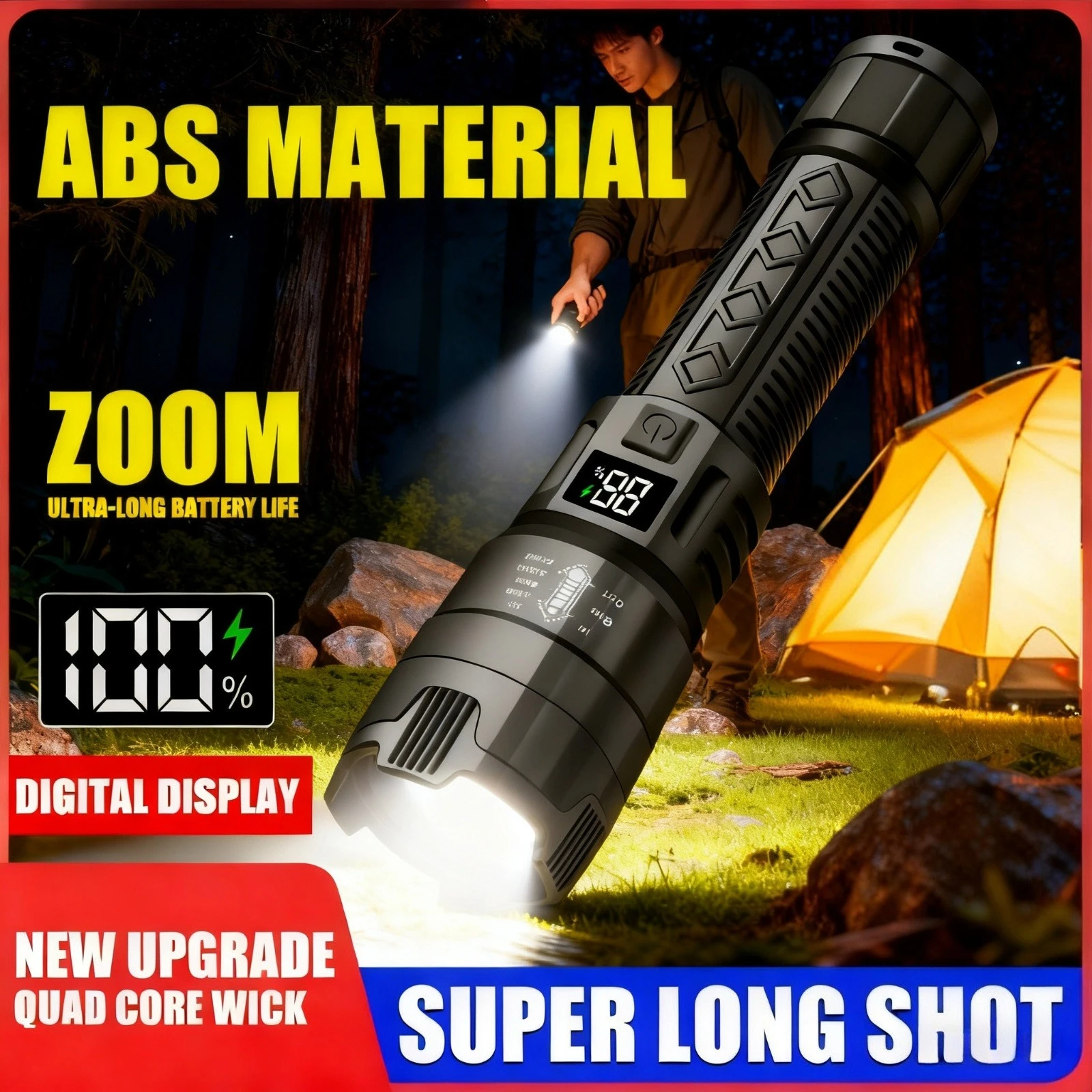 High Strong Power Led Flashlights 2000LM Tactical Torch with Display Light Rechargeable Camping Fishing Emergency Zoom Lantern