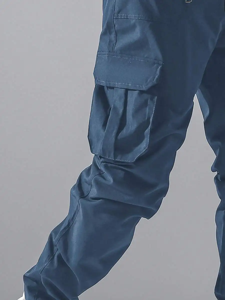 Loose Fit Mens Cargo Pants With Flap Pockets Side Drawstring Elastic Waist For Fall