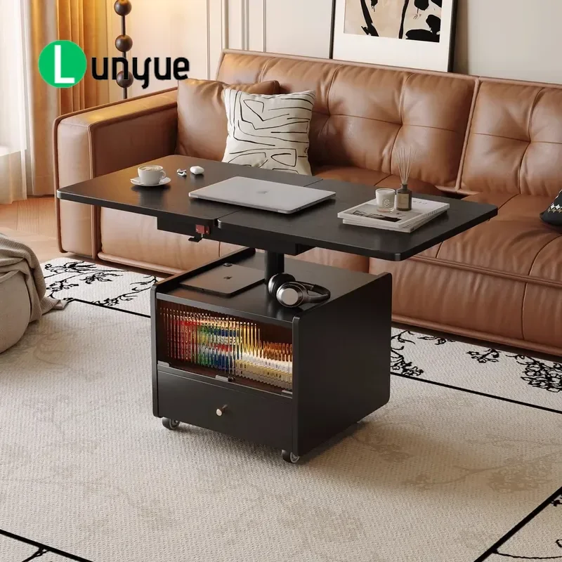 Solid Wood Retro Movable Coffee Table Lift Top Folding Dining Table Sofa Side Cabinet Trolley for Small Apartment Living Room