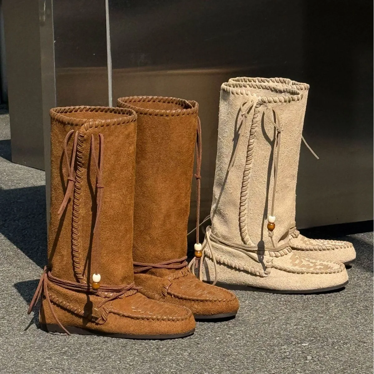 

New Style Women's Suede Knee High Boots Lace Up Tassel Bead Decor Woven Design Stylish Retro Casual Boots Fashion Comfortable
