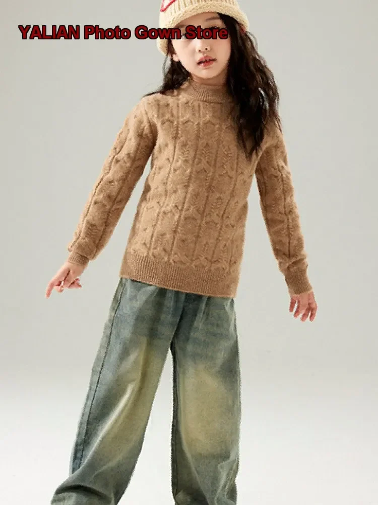 Kids Pure Wool Sweater Boys Girls Autumn Winter Cable Knit Round Neck Thickened Pullover