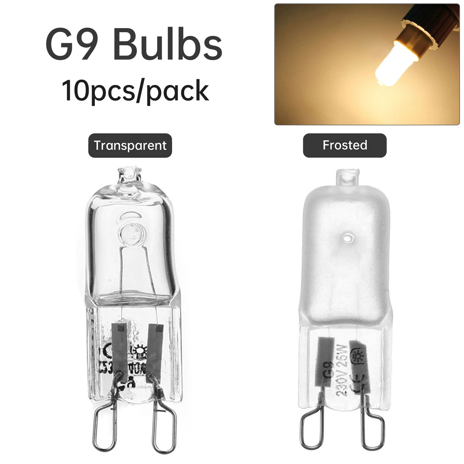 10pcs G9 Bulbs 25/40/60/75W Halogen Light Dimmable Bulb T4 Type 2 Pin Base CRI100 Warm White Bulbs for Chandelier/Cabinet Lights
