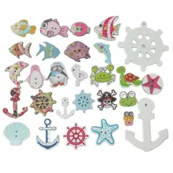 WBNKGA 50Pcs Mixed Sea Sery Printed Wood Fish Buttons DIY Clothes Sewing Accessory Decorative Scrapbooking Button