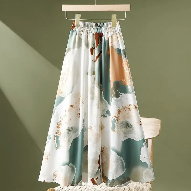 

Temperament Print Summer Retro Women's Wear Elastic Waist Pleated Fashion Versatile Loose High Waist A-LINE Mid Length Skirts