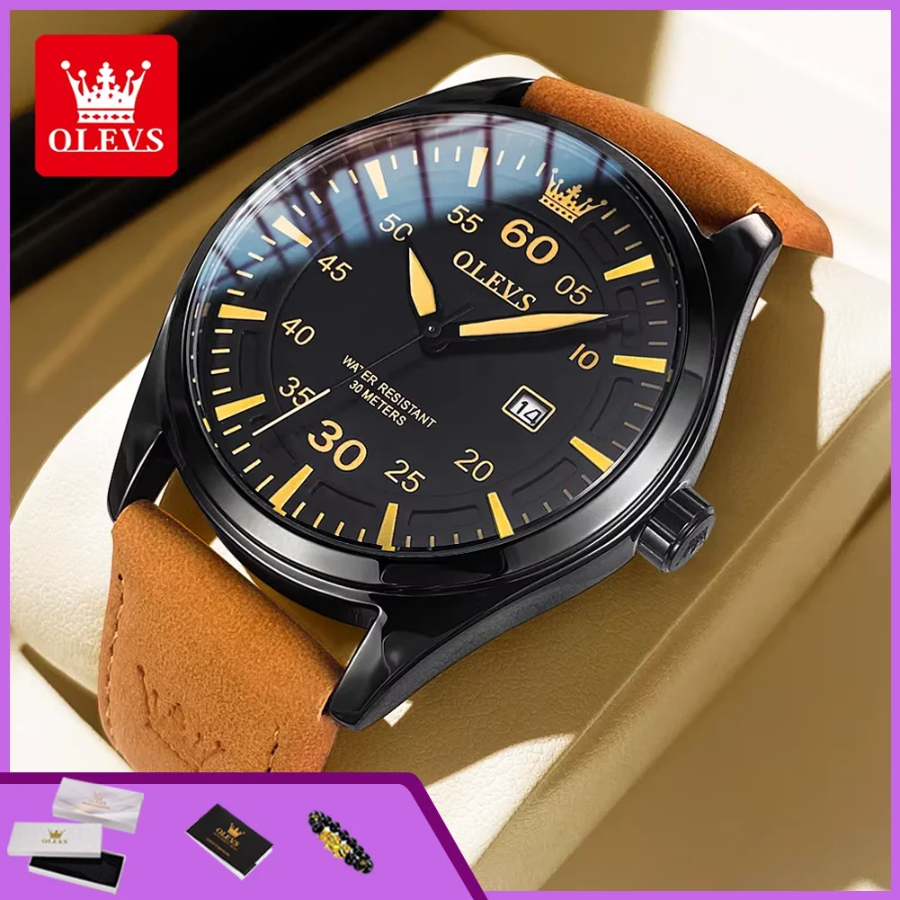 Relojes de Pulsera Deportivos OLEVS 9962 Originales de Cuarzo para Hombre, Correa de Cuero de Gamuza, Estilo Casual, Fecha Automática, Resistentes al Agua