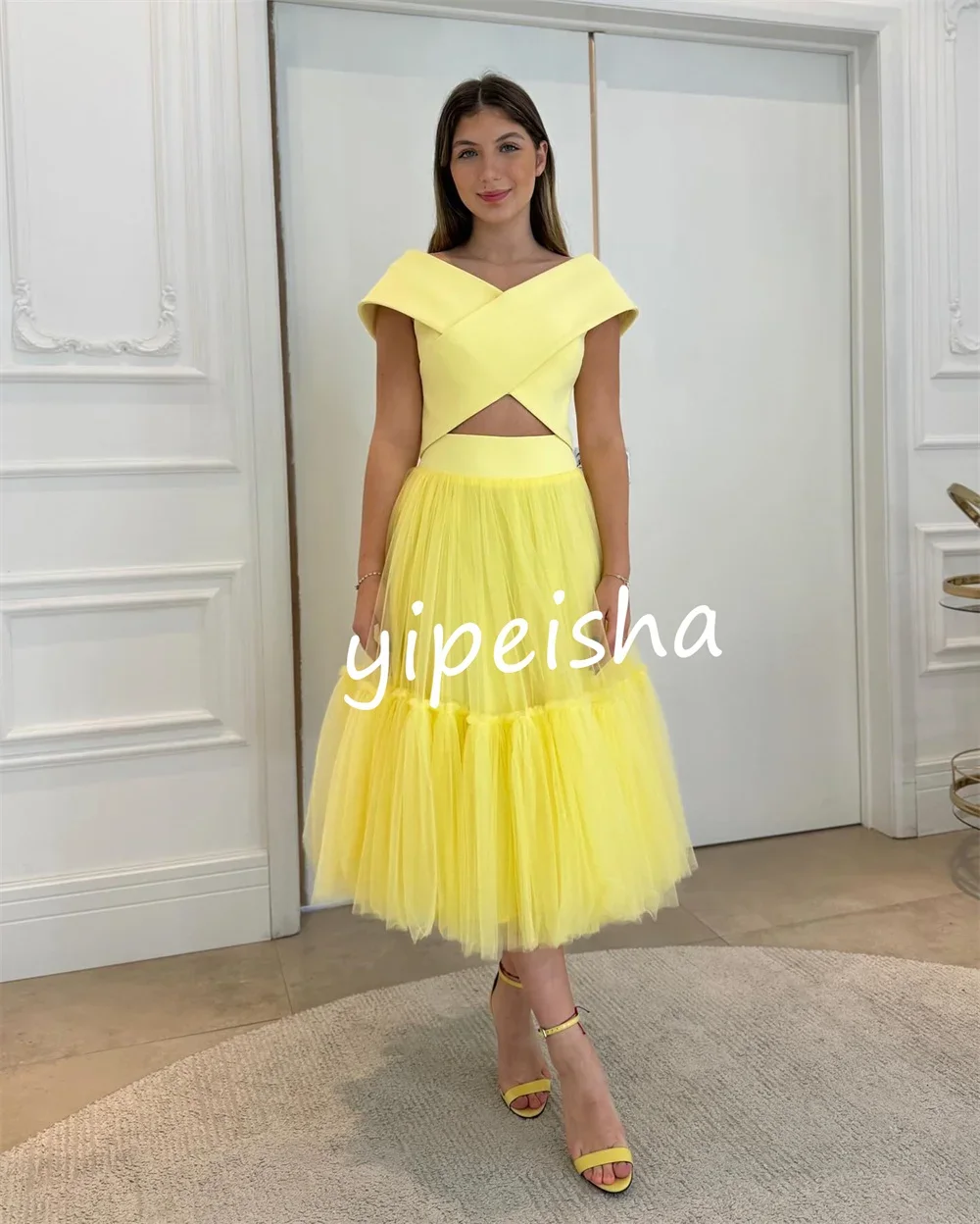 Customized Pastrol Net Criss-Cross A-line Off-the-shoulder Midi Dresses Evening Dresses Simple Retro Fashion Elegant Exquisite H