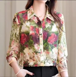 S-3XL Vintage Rose Print Women Casual Shirts Elegant Luxury Tops Autumn Long Sleeve Lapel Single-breasted Retro Blouse camisa