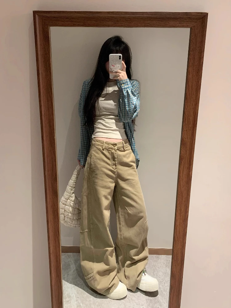 

Широкие джинсы цвета хаки в американском стиле ретро, женские весенне-летние свободные прямые брюки длиной до пола, новый дизайн