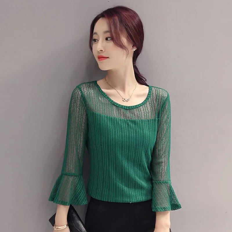 Elegant O-Neck Gauze Hollow Out Lace Flare Sleeve Blouse Women\'s Clothing 2023 Summer New Oversized Casual Pullovers Sweet Shirt