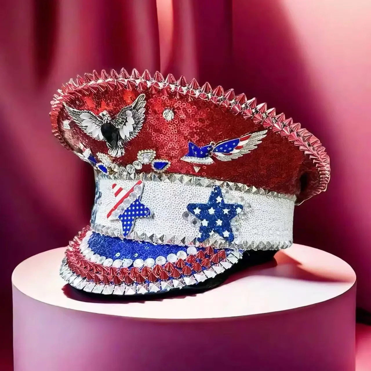 독립기념일 스팀펑크 선장 모자 라인스톤 장식, 버닝맨 페스티벌 여성용, 군사 액세서리 및 군사 모자