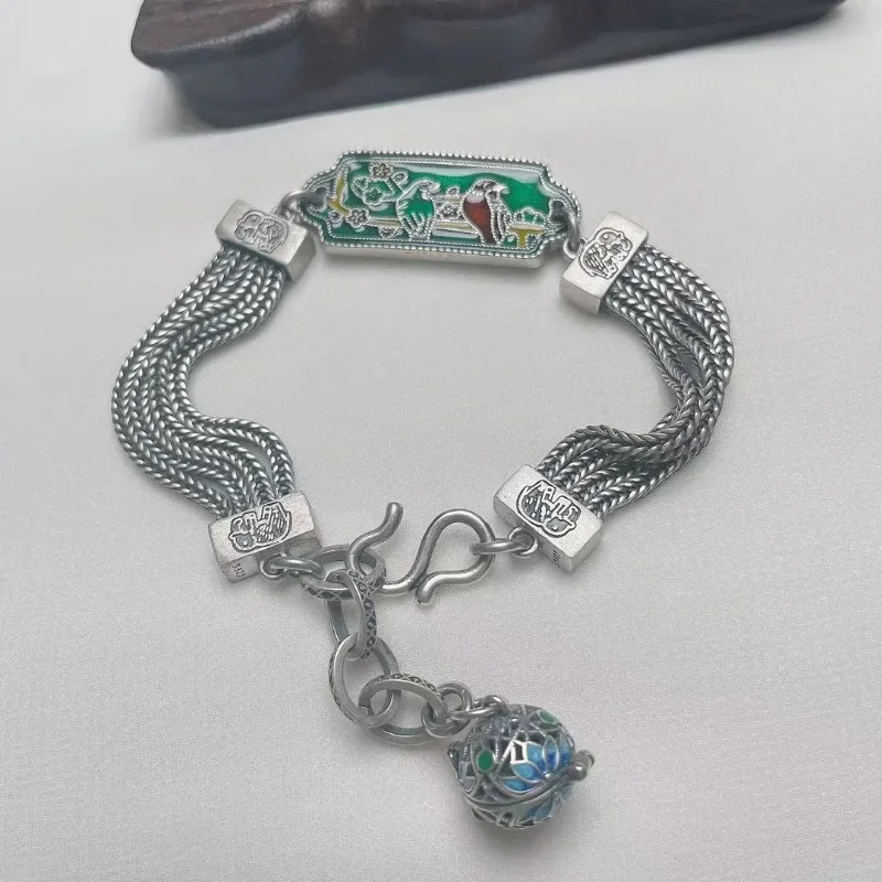 

Classical Vintage Exquisite Palace Style Green Enamel Magpie Bracelet for Women Coarse Chain Bangles 925 Silver Jewelry