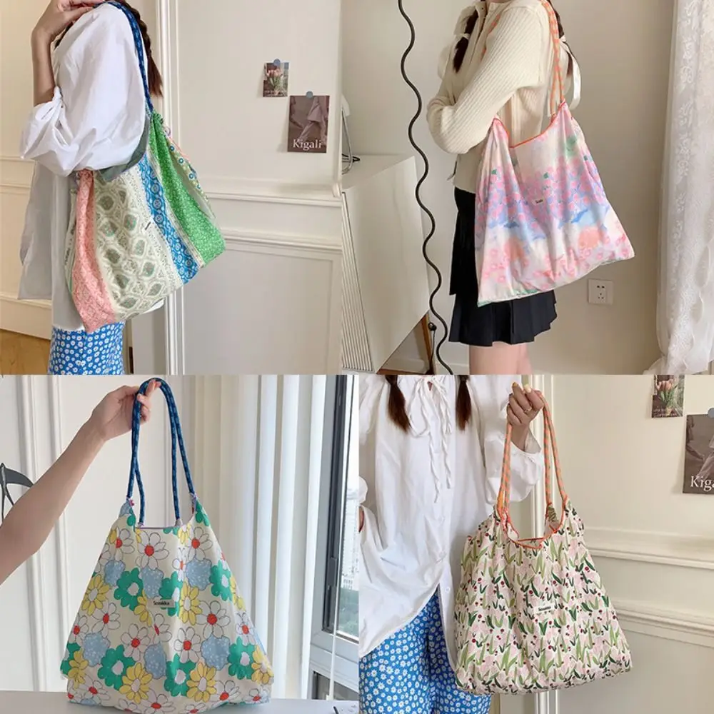 Floral Printed Canvas Shoulder Bag Portable Reusable Large Capacity Drawstring Shopping Bag Handheld Cotton Travel Tote Bag