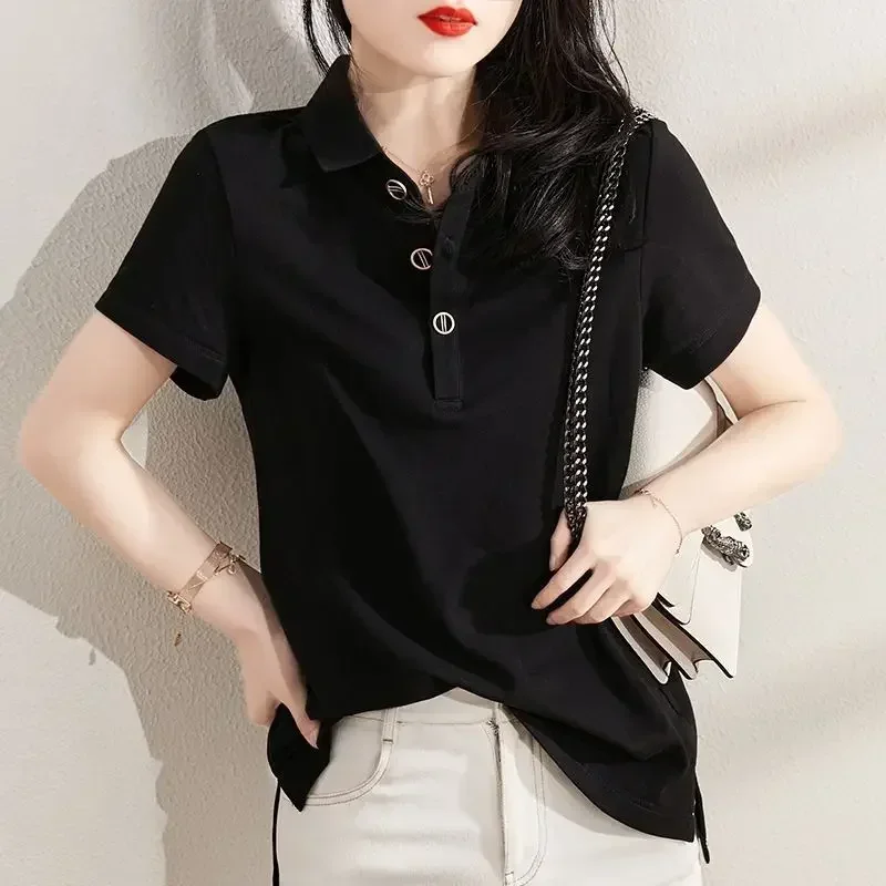 Short Sleeve Tee Black Button Tops Clothing Plain T-shirt Woman Polo Neck Shirts for Women Korean Style Synthetic Sale New V