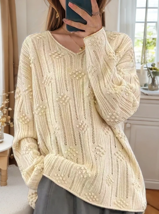 Oversized Women's Knitted Sweater Autumn Winter Solid Color Long Sleeve Hollow Jacquard Light V-Neck Pullover Hooded Sweater Top