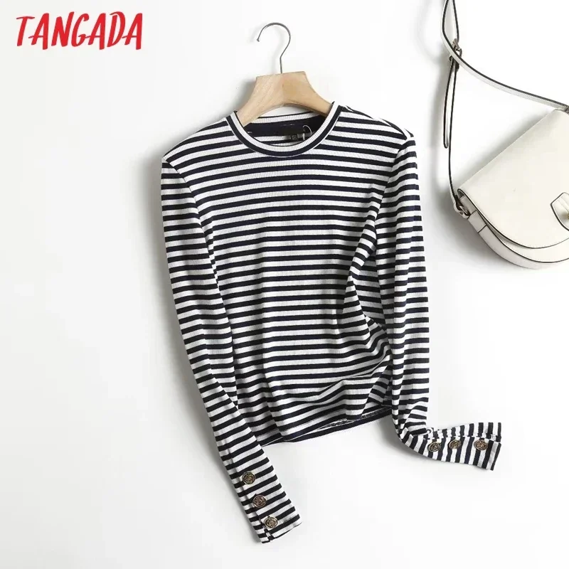 Tangada Women 2023 Elegant Striped Knitted Sweater Jumper Long Sleeve Female Crop Pullovers 4C312