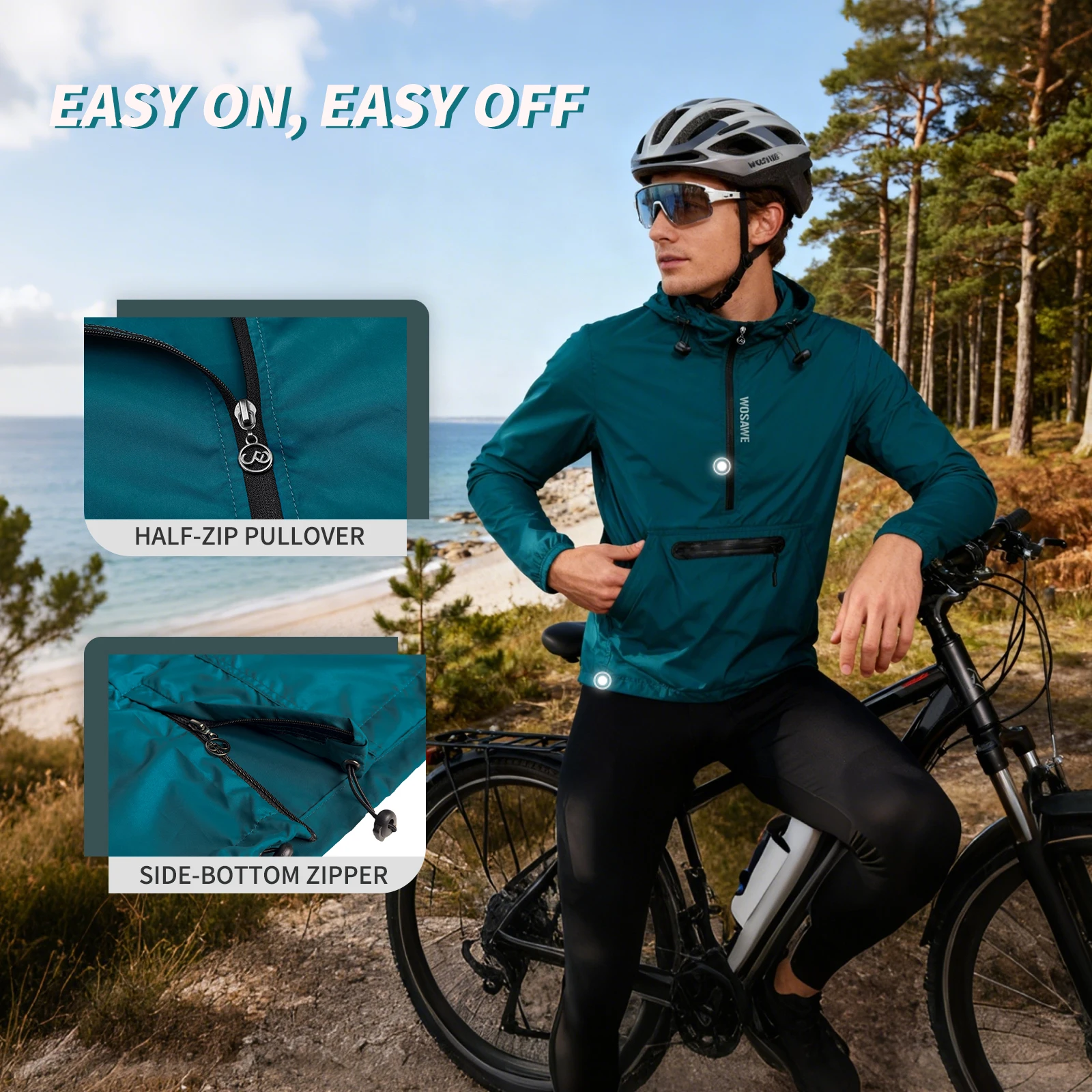 WOSAWE Men Cycling Windbreaker Water Repellent Half Zip Reflective MTB Bike Wind Coat Road Bicycle Windbreaker Ropa Ciclismo