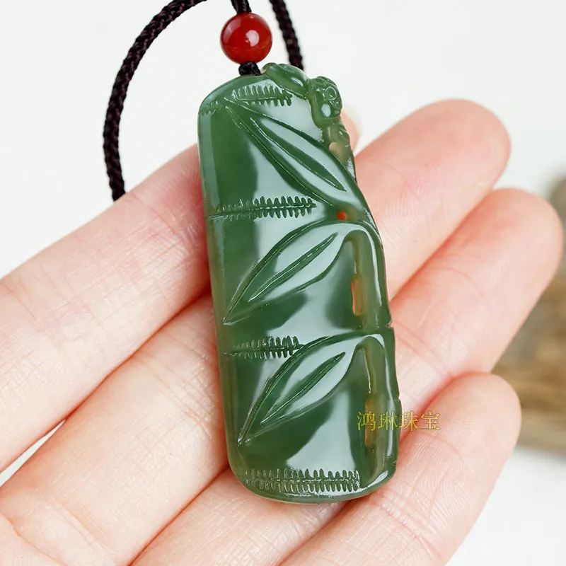 Xinjiang Hetian jade lake water green bamboo jade pendant jade pendant men's and women's rich bamboo high necklace