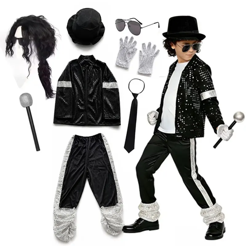 Costume da Michael Jackson per Ragazzi, Abito con Paillettes da Cantante per Spettacoli, Costume per Halloween, Carnevale, Feste e Performance di Danz