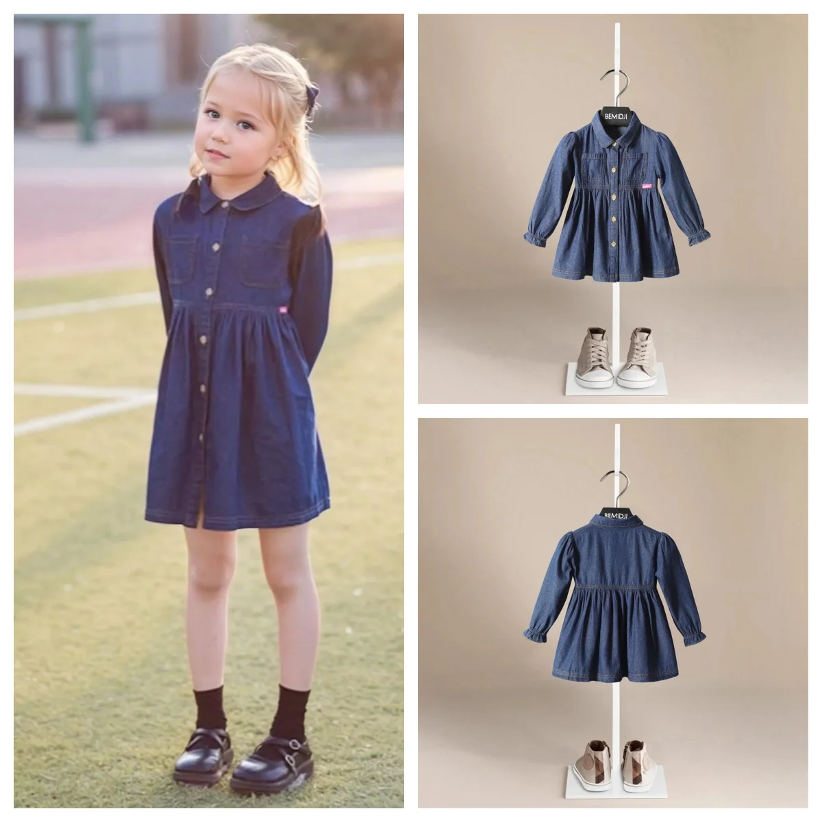 

Kids Clothing Autumnr Round Neck Floral Embroidered Long Sleeve Denim Dress Girls Dress Princess Dress Have Pockets