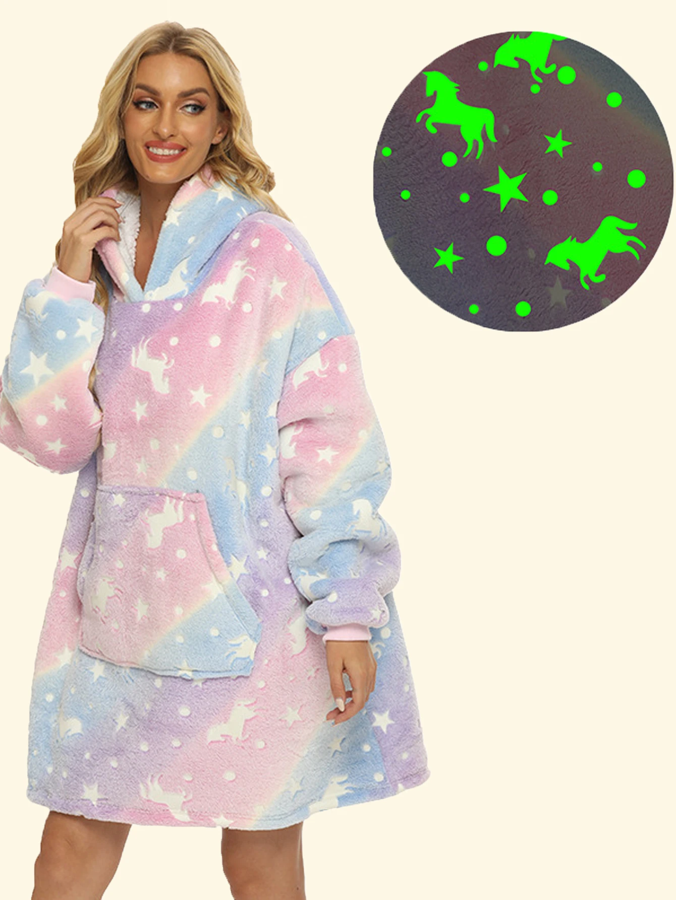 Glow-in-the-dark Star Plus Fleece Thick Flannel Hooded Casual Tie-dye Printed Glow-in Blanket Couple Loungewear With Pocket Hood