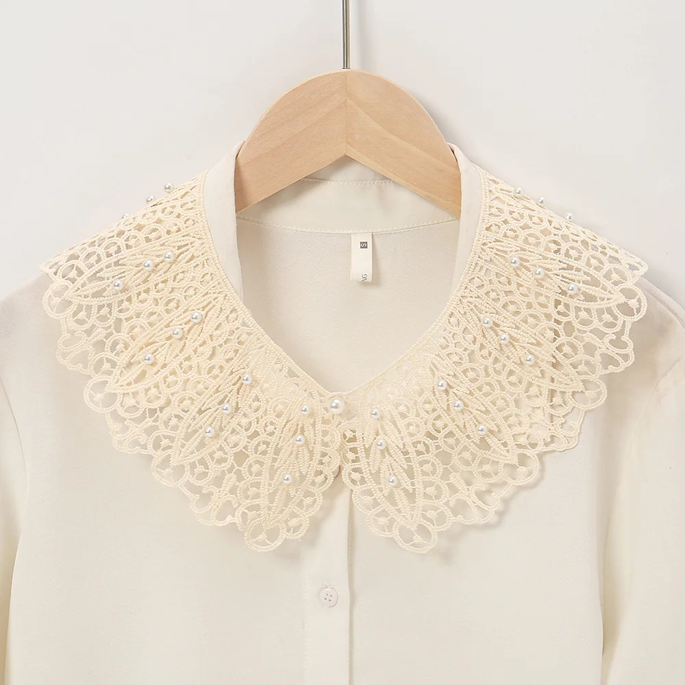 

Women Knit Hollow Fake Collar Shawl Fashion Embroidery Shirt False Collar With Pearls Detachable Solid Blouse Decor Neckline