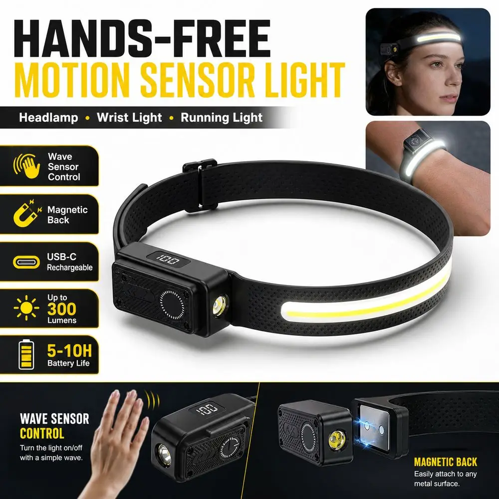 USB-C Rechargeable Wristband Running Light Motion Sensor 2-in-1 Design COB Floodlight Headlamp Super Bright Magnetic Suction
