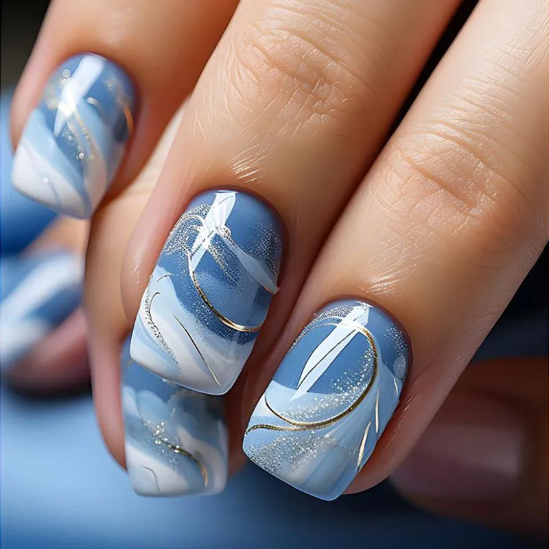 

24Pcs Medium Square Press on Nails - Soft Blue to White Ombre with Irregular Gold Threads and Gold Glitter | Elegant Style