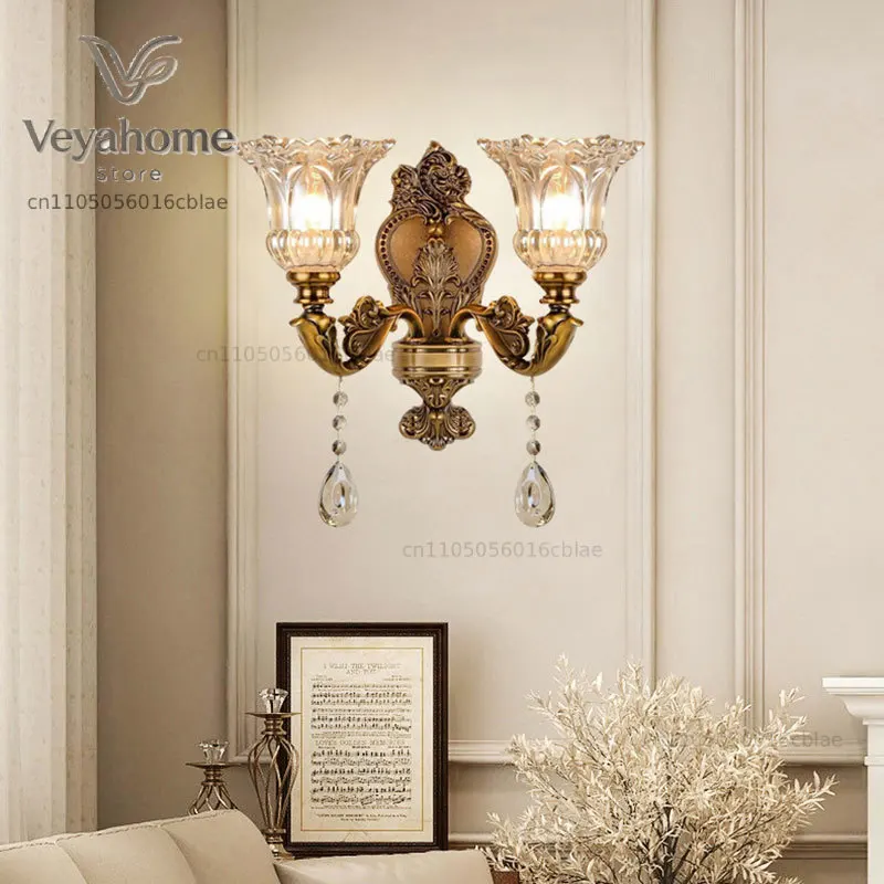 European Retro Crystal Glass Walls Light Double Headed Living Room Bedroom Bedside Lamp Corridor Aisle Mirror Front Wall Lamp