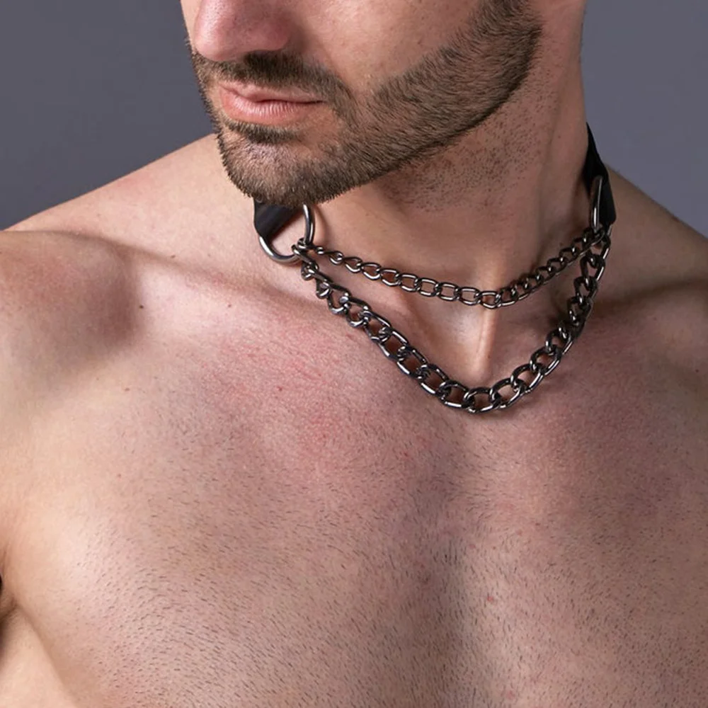 Man Harness Chain Collar PU Leather Handmade Punk Style Neck Necklace Bondage Fetish Gay Lothing Adjustable Accessorie