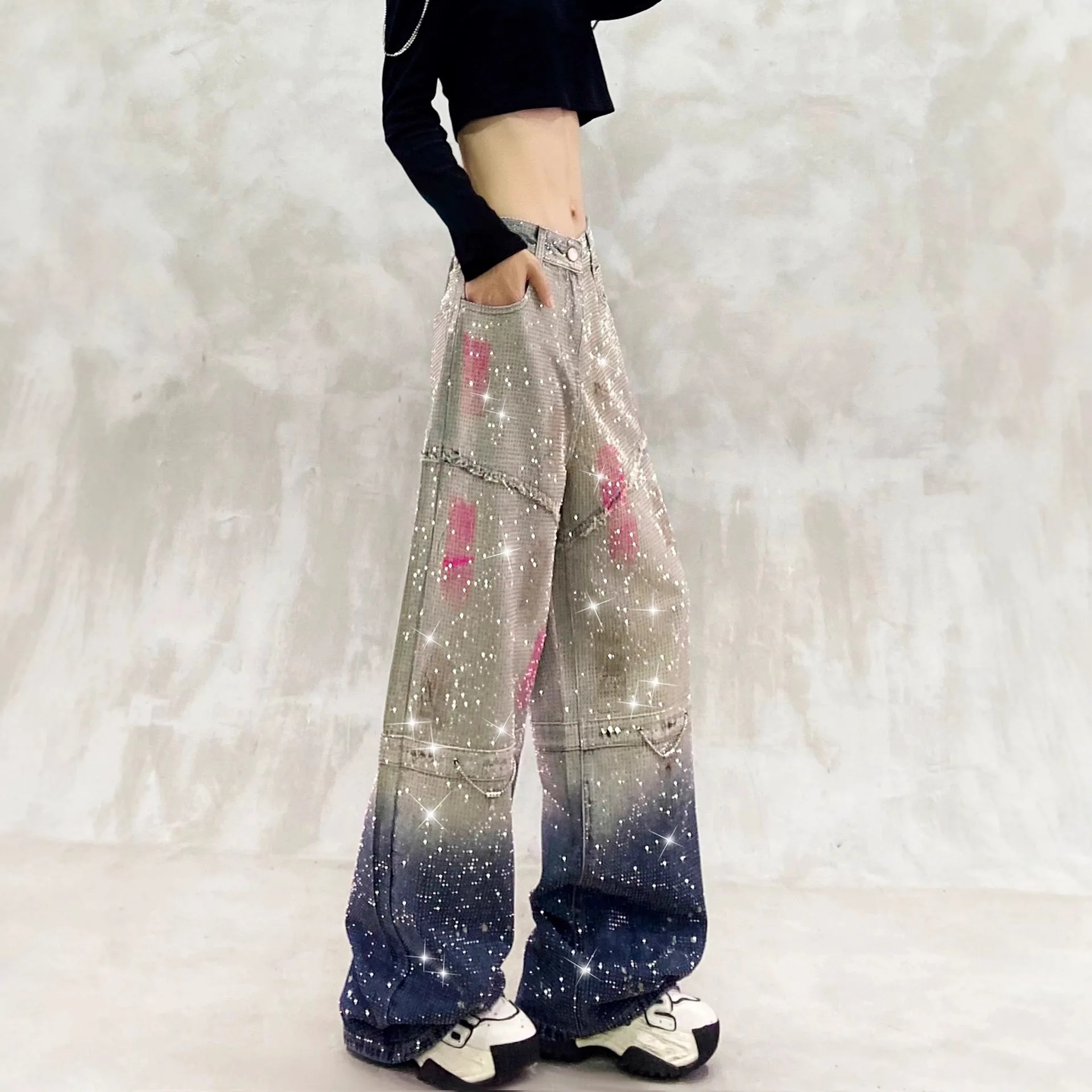 

2026 New Spring Autumn Women's Starry Rhinestone Painted Gradient Jeans High Waist Loose Wide Leg Pants Y2K Streetwear