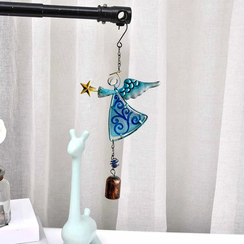 Metal Angel Wind Chime Hanging Decoration Ornament Bells Wing Angel Bell Decorative Hanging Bells Blue Durable