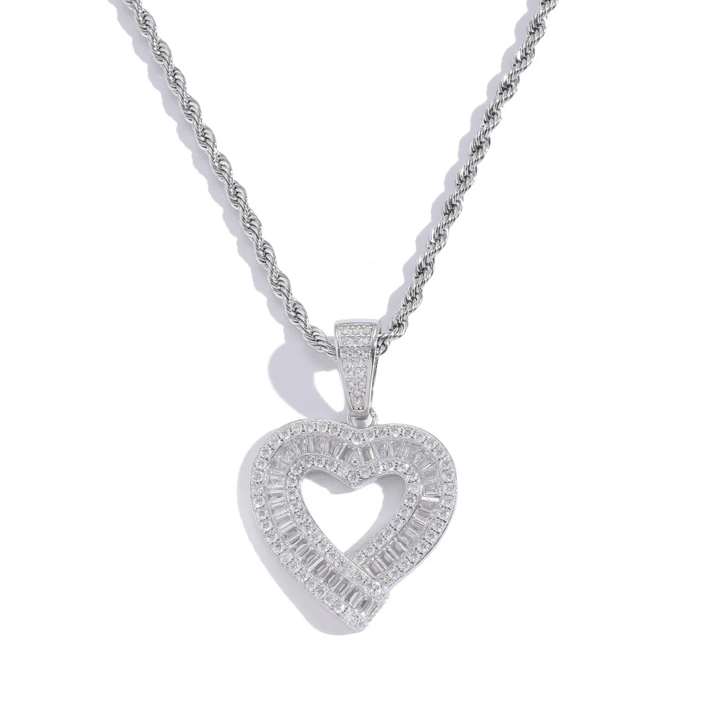 S925 Sterling Silver Hip Hop CZ Stone Paved Bling Ice Out Heart Pendants Necklaces for Men Women Lovers Unisex Rapper Jewelry