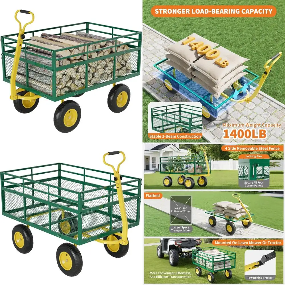 

Heavy-Duty 3-in-1 Steel Garden Cart with 1400 lbs Capacity, All-Terrain Tires, Removable Mesh Sides, and 180° Turnability for Ou