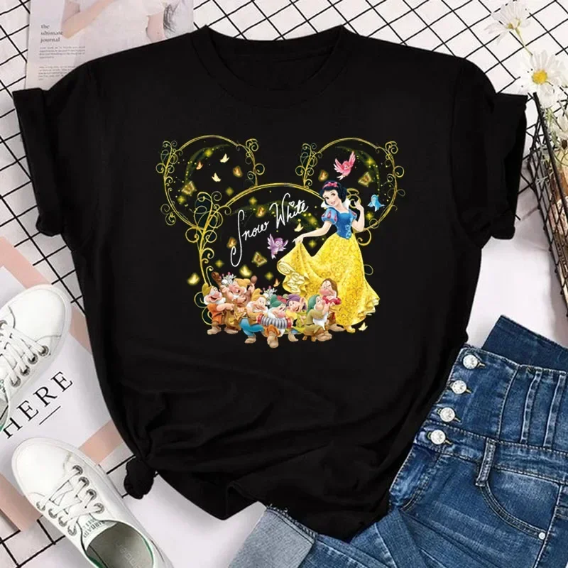 Camiseta de princesa sirena con cabeza de Mickey para mujer, Top de moda informal, camiseta de princesa linda, Camiseta de cuello redondo para mujer