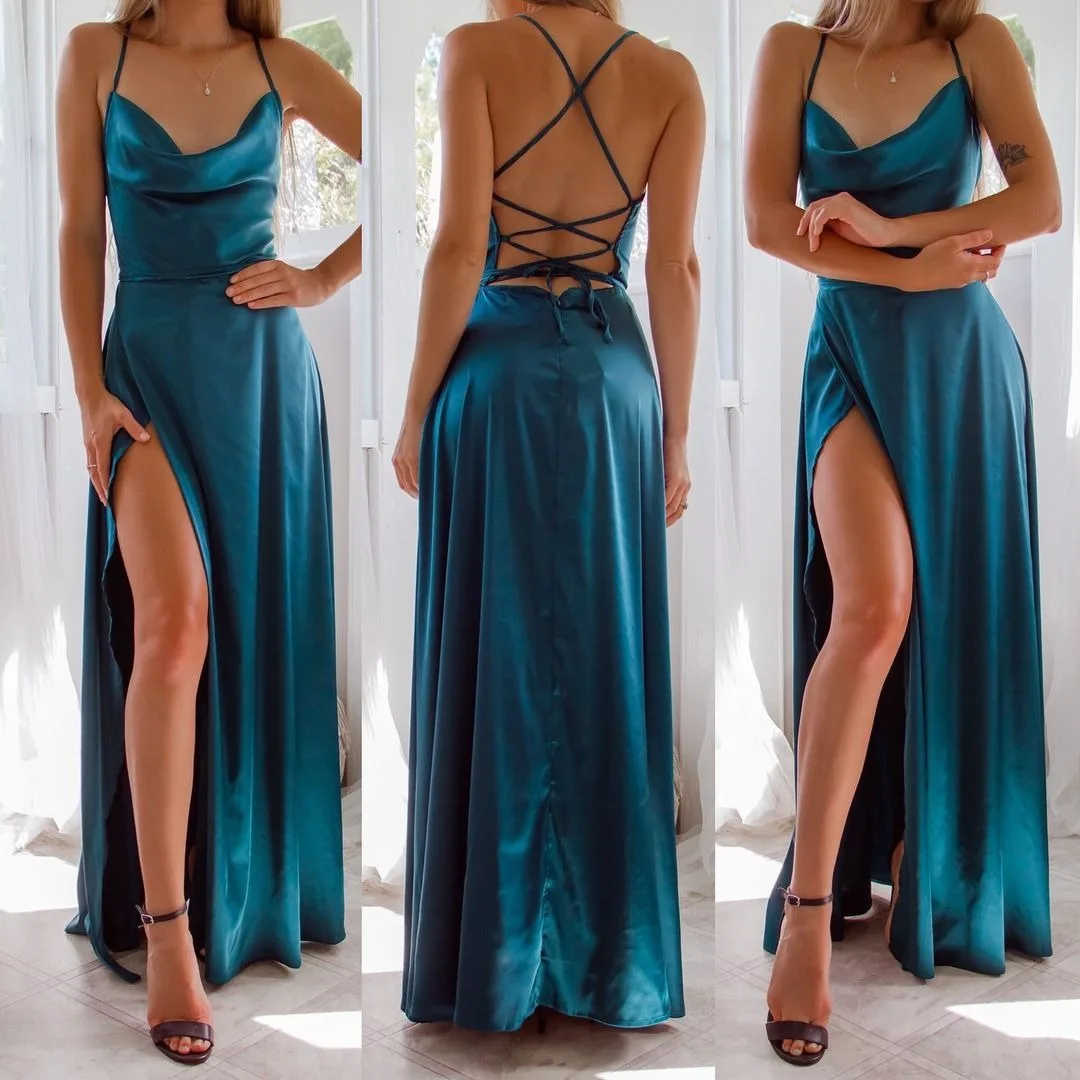 

Sage Green Cowl Neck Summer Beach Women Dress Sexy Spaghetti Straps Leg Slit Satin Maxi Dresses for Female Casual Party