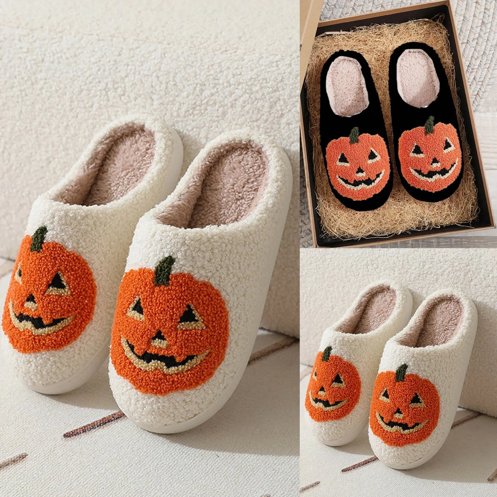 

Smile Pumpkin Halloween Women's Slippers Winter Indoor Cartoon Comfort Home Bedroom Soft Causal Flat Plush Shoes for Gift