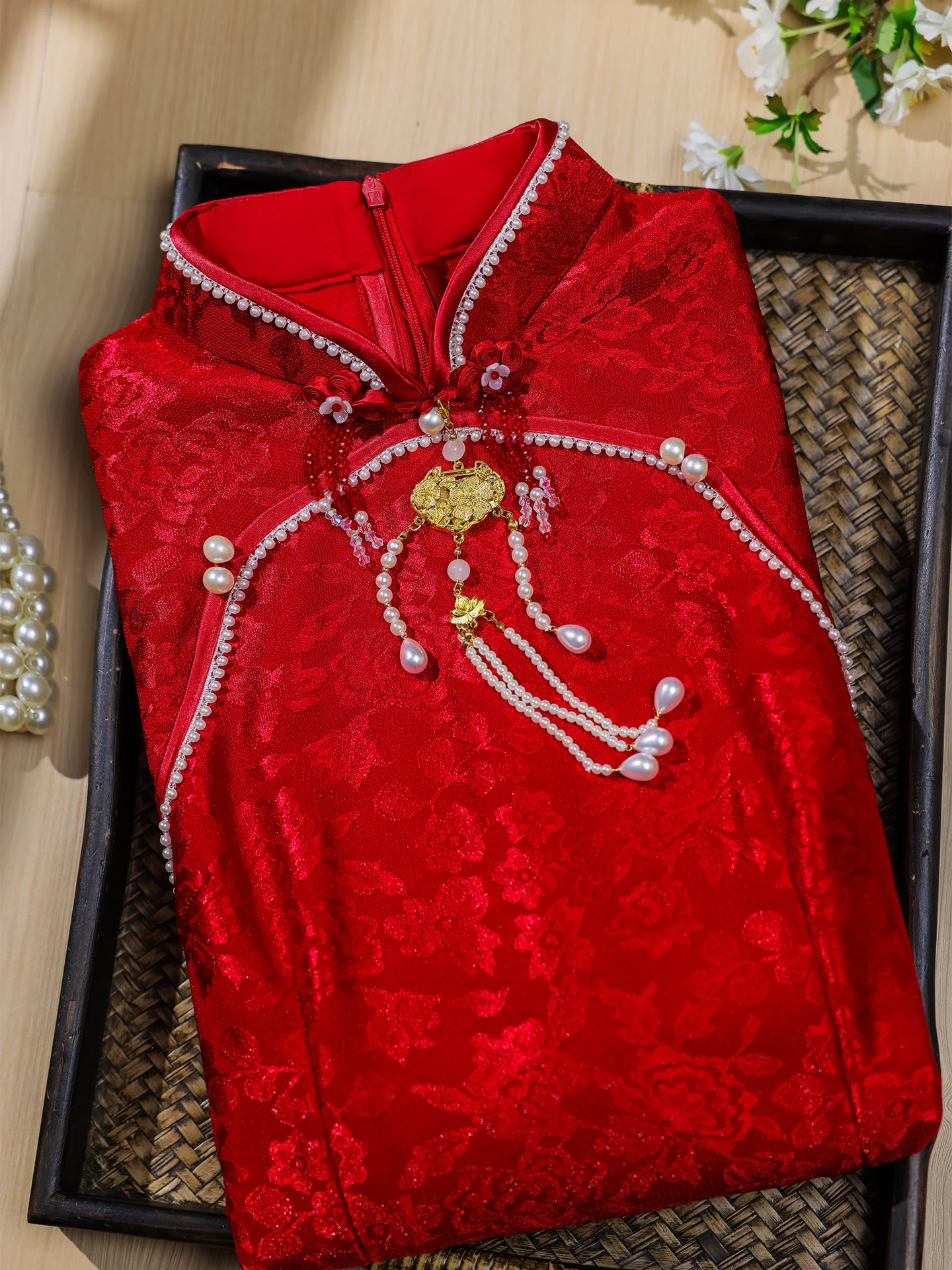 

Red Fce-Lined Wedding Dr Chinese New Year Warmth Daily Wear Long Sve High Collar Vintage Sle Long Qipao