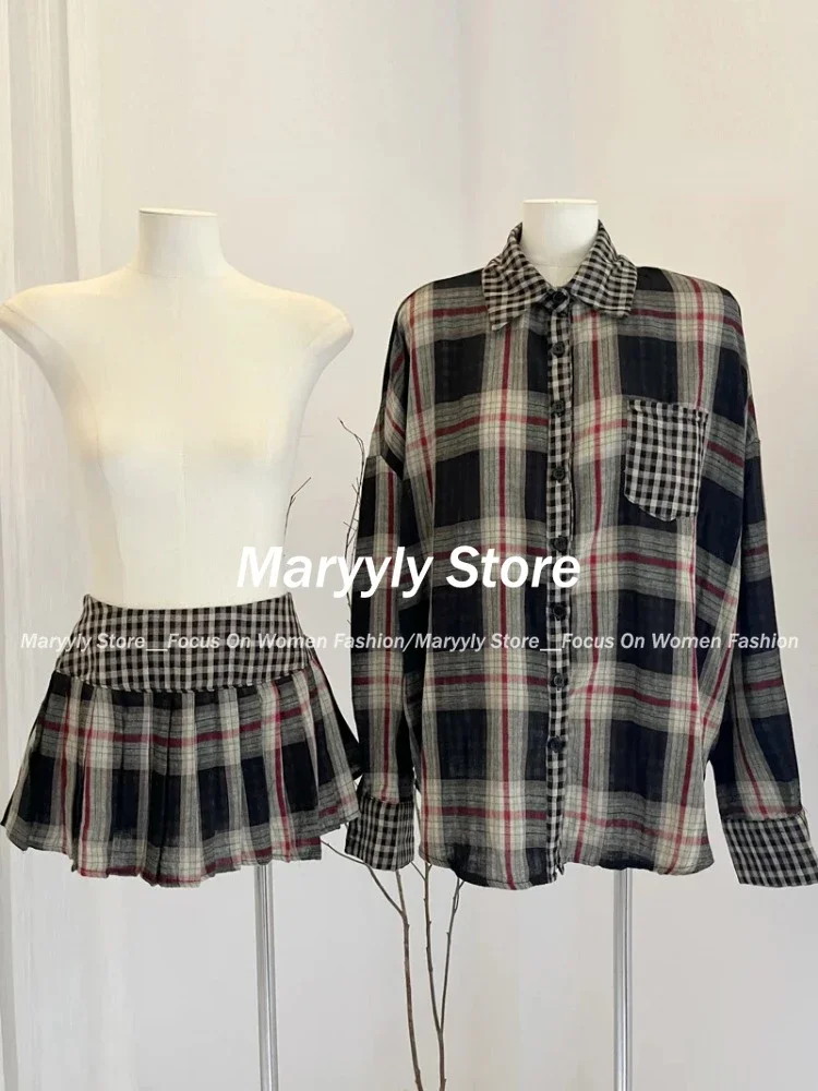 Autumn Y2k Vintage Plaid Outfits 2 Piece Set Women Elegant Long Sleeve Blouses + Pleated Mini Skirt Korean Fashion Skirt Set New