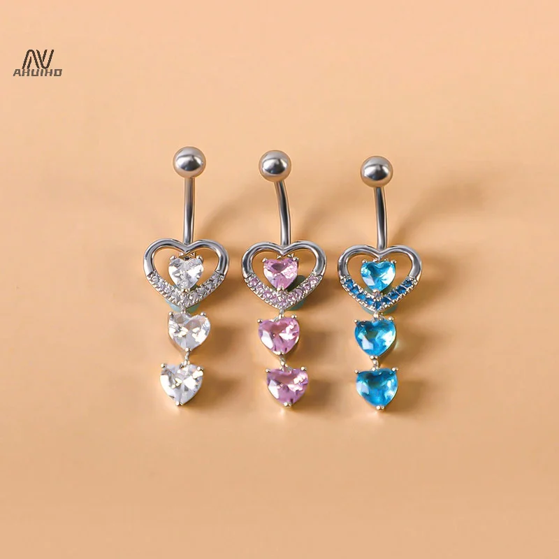 Mode Perzik Hart Hanger Rhinestone Rvs Navel Ring Ornament Voor Vrouwen Lichaam Sieraden