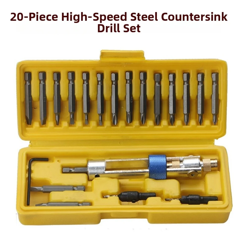 Set of 20 high steel drill and screwdriver bits with countersunk tips for precise hole creation and fastening Set