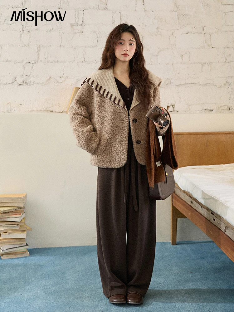 MISHOW chaquetas de invierno para mujer 2025 Retro tejido Patchwork cuello vuelto. Abrigo corto suelto cómodo abrigo para ir al trabajo MXE87W0989