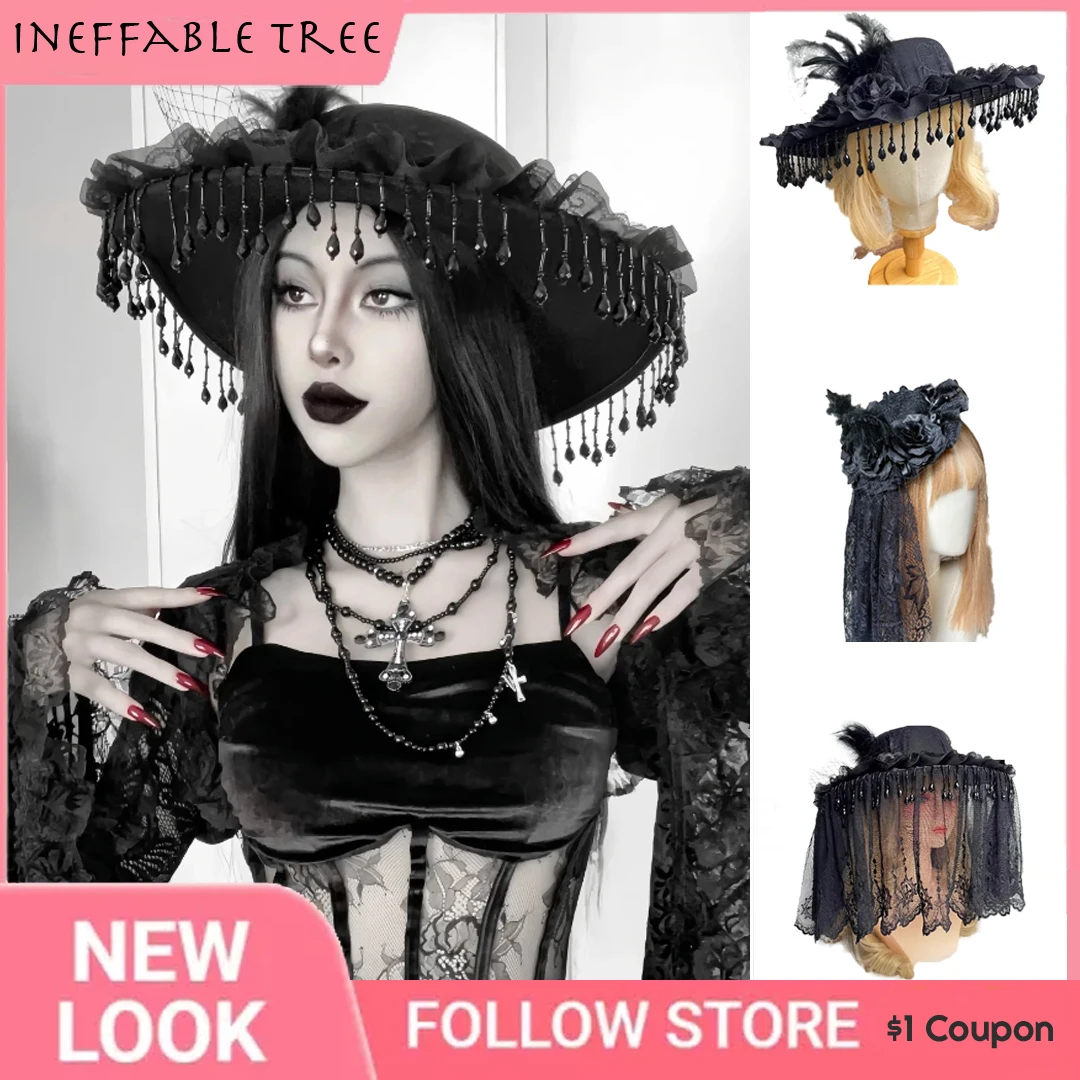 Gothic Lolita Handmade Dark Widow Fedora Hats for Women  Black Pearl Tassel Lace Black Rose Feather Photography Prop Retro Caps