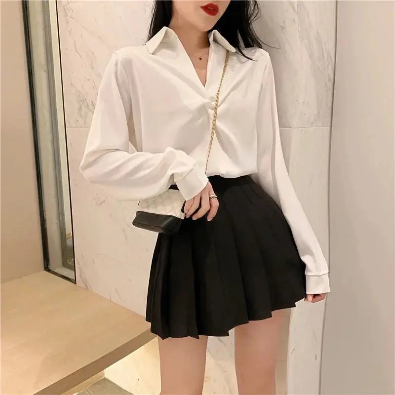 Korean Chiffon Pleated Shirt Tops Spring New Long Sleeve Polo Neck Loose Solid Color Fashion Blouse Vintage Office Women Clothes