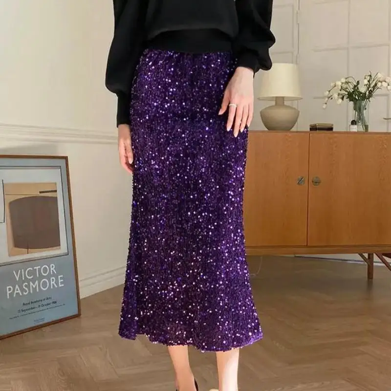 Sequins Mermaid Skirt For Women Elegant Fashion Stylish Chic Elastic Waist Slim Pencil Long Skirts Women Clothes Korean Style